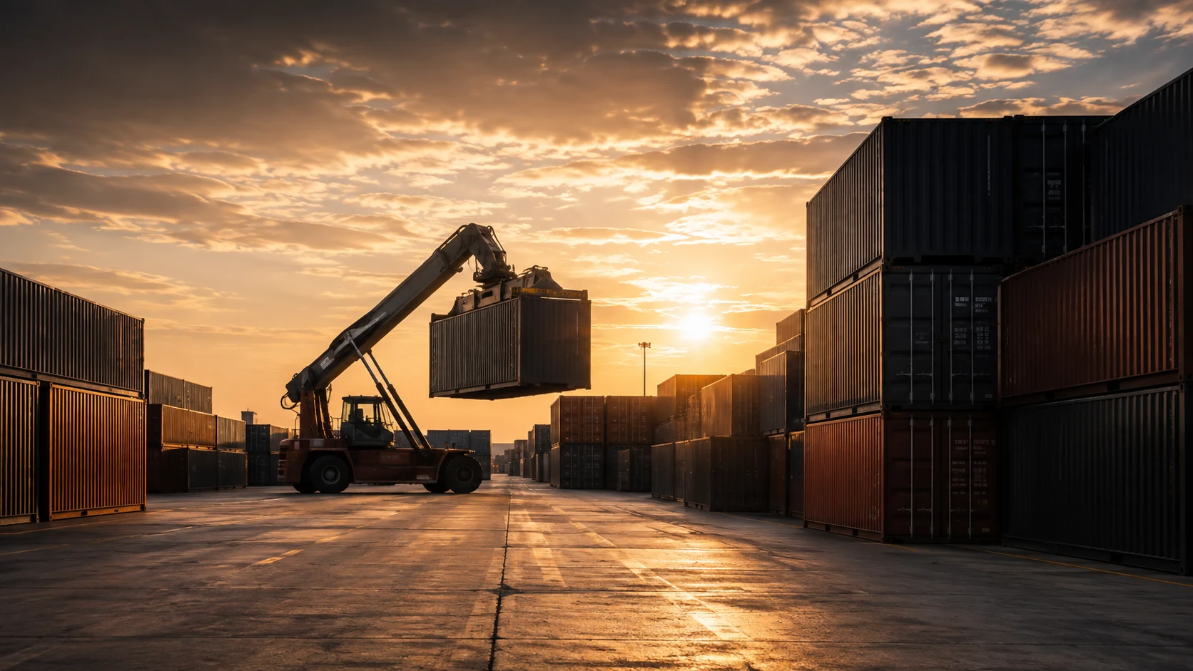 Container handler moving through an unbranded freight yard at dawn